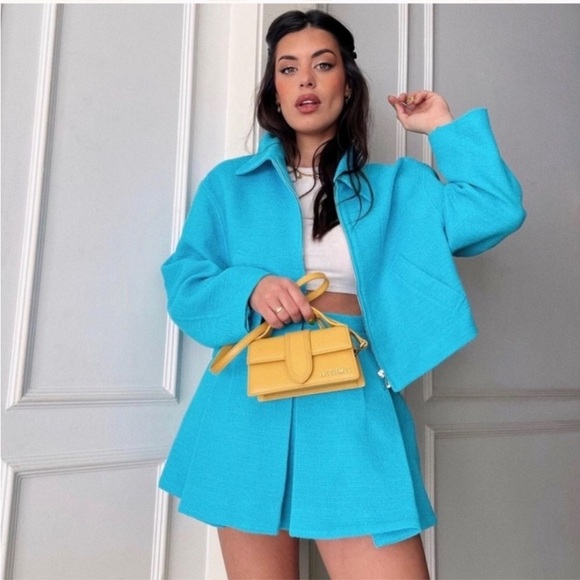 ZARA Tweed Pleated Mini Skirt Sky Blue New - Picture 5 of 12